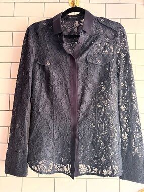 Sheer Black Lace Button-Front Blouse